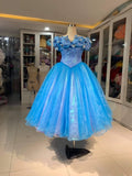 Cap Sleeve Ball Gown Blue Cinderella Dress Organza Birthday HZ0307