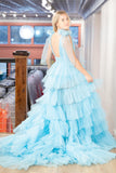 Tie Shoulders Yellow Tulle Ruffle Long Party HZ0307