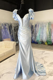 Short Puff Sleeves Light Blue Mermaid Formal HZ0307
