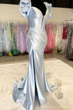 Short Puff Sleeves Light Blue Mermaid Formal HZ0307