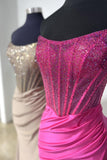 Beaded Fuchsia Strapless Satin Mermaid Long Prom HZ0307