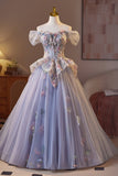 Off the ShoulderPurple Floral Embroidery A-line Prom HZ0307