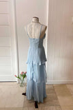 Straps Light Blue Chiffon Pleated Tiered Party HZ0307