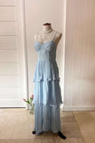 Straps Light Blue Chiffon Pleated Tiered Party HZ0307