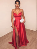 LTP0820,Red prom dresses,beaded split evening dresses,satin formal HZ0307