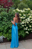 Beaded Blue Soft Satin Sheath Long HZ0307