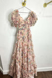 Short Pufff Sleeves Floral Ruffle A-line Prom HZ0307