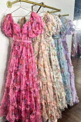 Short Pufff Sleeves Floral Ruffle A-line Prom HZ0307 - Fuchsia / US 2
