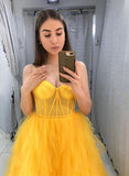 Yellow tulle long prom dress evening HZ0307