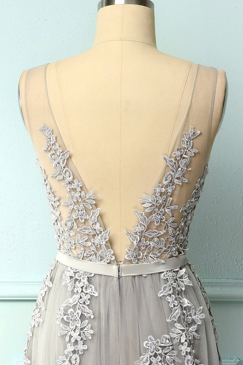 A-line Grey Tulle and Lace Long Formal HZ0307