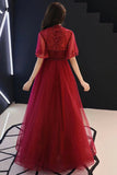 Burgundy Lace Beaded Prom Dress - Mid Sleeve Tulle Formal HZ0307