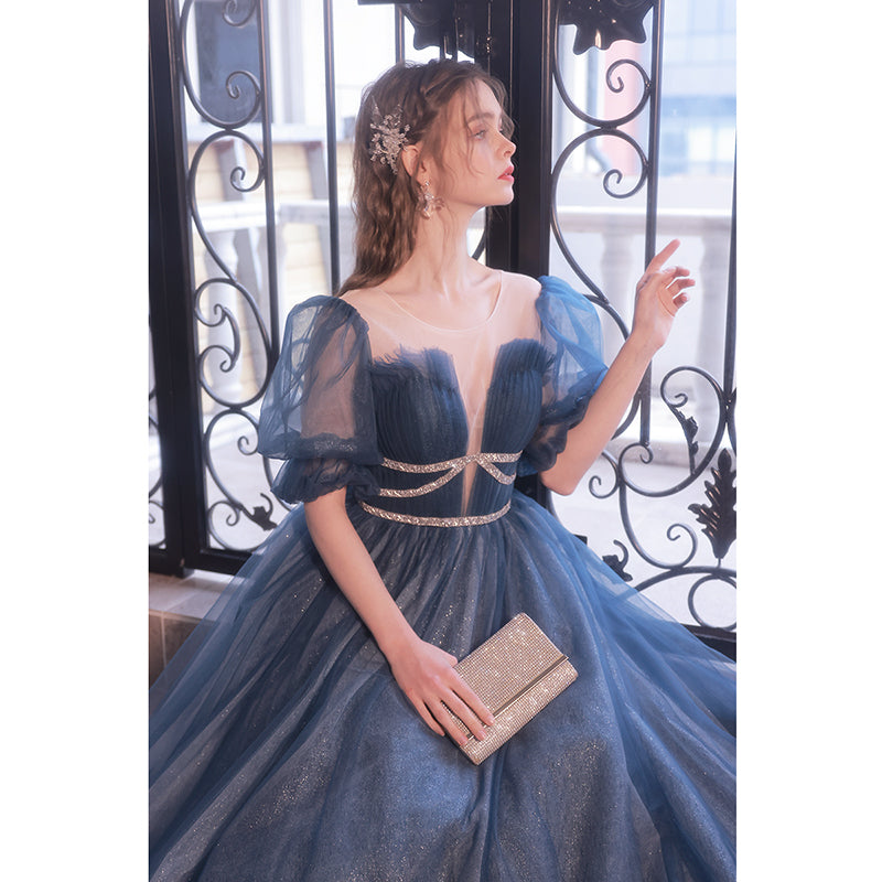 Blue A-line Tulle Long Formal Dress with Short Puffy HZ0307
