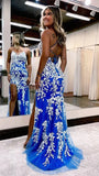 Blue Appliques Mermaid Prom Dresses Split Tulle Evening Graduation HZ0307