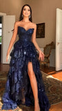 Charming Navy Blue Lace Ruffle Prom Dresses Long Evening Party HZ0307