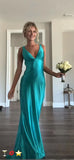 Classy A line V Neckline Blue Satin Sleeveless Long Prom Dresses HZ0307