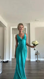 Classy A line V Neckline Blue Satin Sleeveless Long Prom Dresses HZ0307