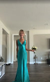 Classy A line V Neckline Blue Satin Sleeveless Long Prom Dresses HZ0307