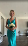 Classy A line V Neckline Blue Satin Sleeveless Long Prom Dresses HZ0307