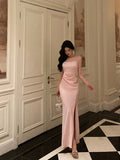 Classy Sheath Spaghetti Straps Pink Satin Prom Dresses Birthday Outfits Evening Gown, HZ0307