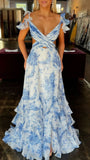 Cross Top Floral Blue White Party Dress, Chiffon Ruffle Evening Gown, HZ0307