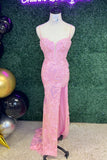 Elegant Pink Lace Mermaid Slit Long Prom HZ0307