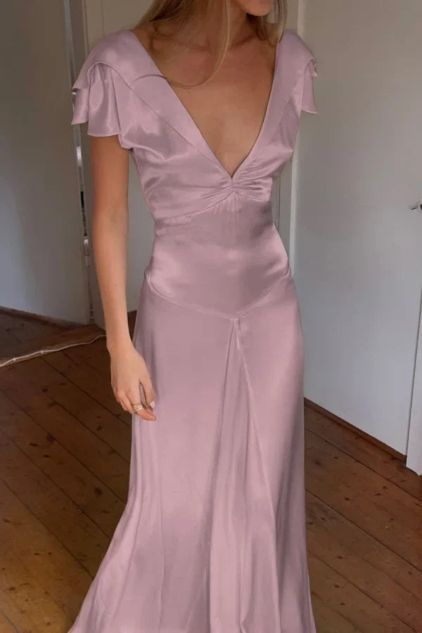 Elegant Satin V Neck Ruffles Short Sleeves Prom Dress with HZ0307