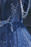 Fairy Blue Tulle Ruffle Prom Dresses V-neck Long Evening Party Dress With HZ0307