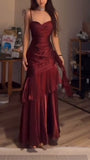 Burgundy Mermaid Prom Dress with Ruffles - Spaghetti Strap Evening HZ0307