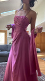 Fuchsia Spaghetti Straps Prom Dress, Beaded Sheath Evening Party HZ0307