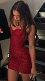 Glitter Burgundy Sequin Homecoming Dresses Tight Sweetheart Birthday Party Dress, HZ0307