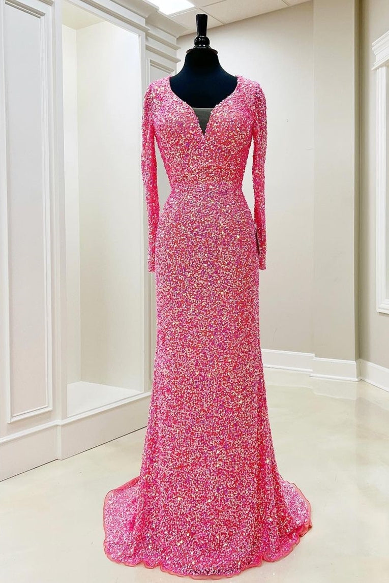 Glitter Pink Sequin Long Sleeves Mermaid Formal HZ0307