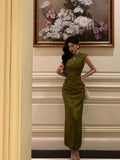 Gorgeous Mermaid High Neckline Green Satin Floral Date Night Dress Long Prom Dresses Birthday Outfits , HZ0307