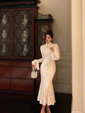 Gorgeous Mermaid High Neckline Ivory Satin Date Night Dress Prom Dresses Birthday Outfits , HZ0307