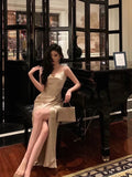 Gorgeous Mermaid Spaghetti Straps Champagne Slit Date Night Dress Prom Dresses Birthday Outfits , HZ0307