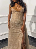 Gorgeous Mermaid Spaghetti Straps Floor Length Sequin Slit Evening Dress Prom Dresses, HZ0307