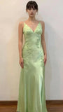 Green Mermaid V Neck Appliques Satin Open Back Long Prom Dress HZ0307