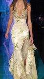 Ivory Mermaid Embroidery Party Dress, Halter V-neck Evening Prom Dress, HZ0307
