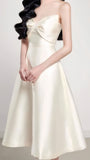 Ivory Satin A-Line Midi Prom Dress Sleeveless Evening Party Dress, HZ0307