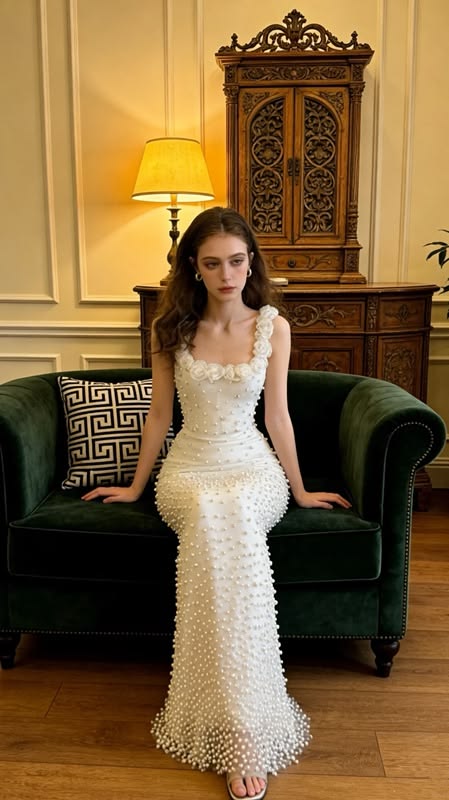 Ivory Pearl Beaded Bodycon Long Prom Dresses Birthday Party HZ0307