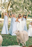 Light Blue Sheath Long Bridesmaid Dresses One Shoulder Bowknot Evening Party HZ0307