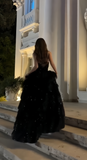 Modern Black Sequin Long Prom Dresses Ruffle Evening Party HZ0307