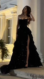 Modern Black Sequin Long Prom Dresses Ruffle Evening Party HZ0307
