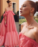 Off The Shoulder Pink Chiffon Party Dress, Puffy Senior Prom Dress, HZ0307