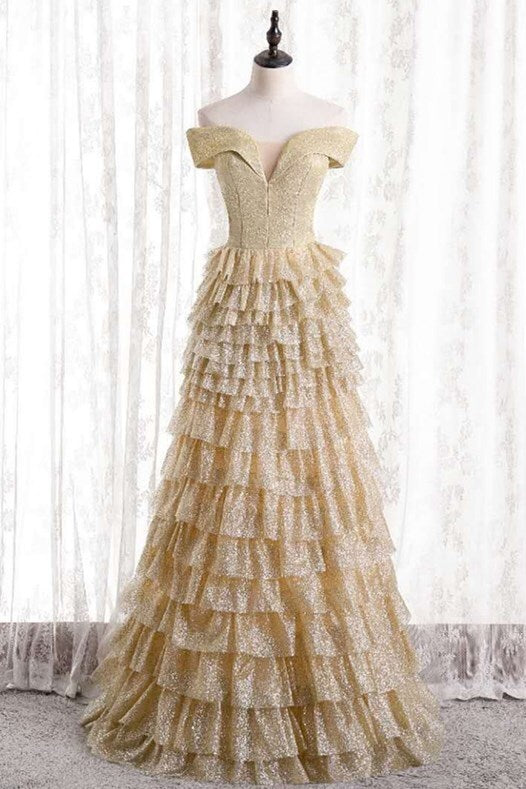 Off the Shoulder Champagne Tiered Long Formal HZ0307