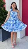 One Shoulder Blue Floral Homecoming Dresses Chiffon Ruffle Short Dance HZ0307