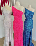 One Shoulder Hot Pink Sequins Mermaid Long Prom HZ0307