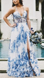 Pearl Halter Floral Chiffon Party Dress, V-neck Sheath Long Prom HZ0307