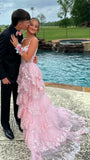 Pink Lace Ruffle Long Evening Prom Dresses, HZ0307