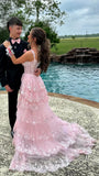 Pink Lace Ruffle Long Evening Prom Dresses, HZ0307