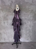 Pretty Irregular Ruffled Spaghetti Straps Grape Prom Dresses With Detachable Rose Long Birthday Dress For Women, HZ0307
